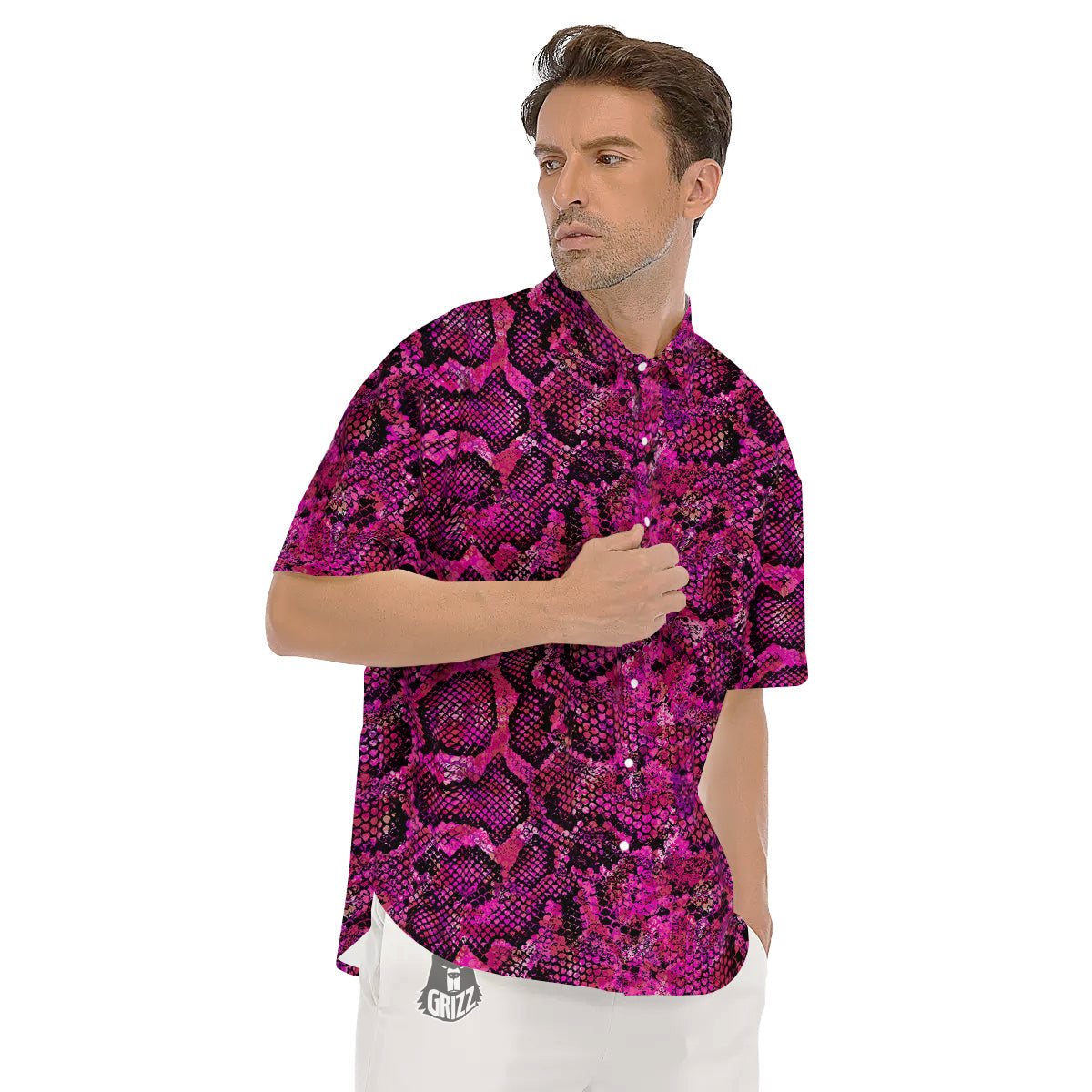 Snake Skin Black Pink Print Men's Short Sleeve Shirts-grizzshop
