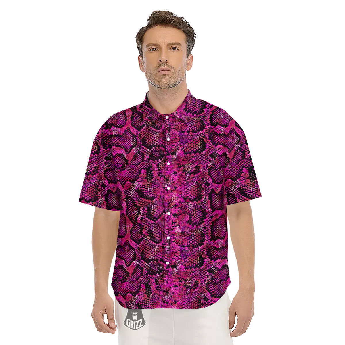 Snake Skin Black Pink Print Men's Short Sleeve Shirts-grizzshop