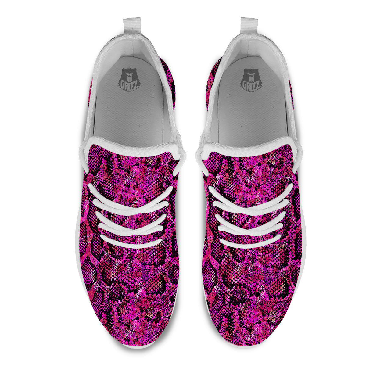 Snake Skin Black Pink Print White Athletic Shoes-grizzshop