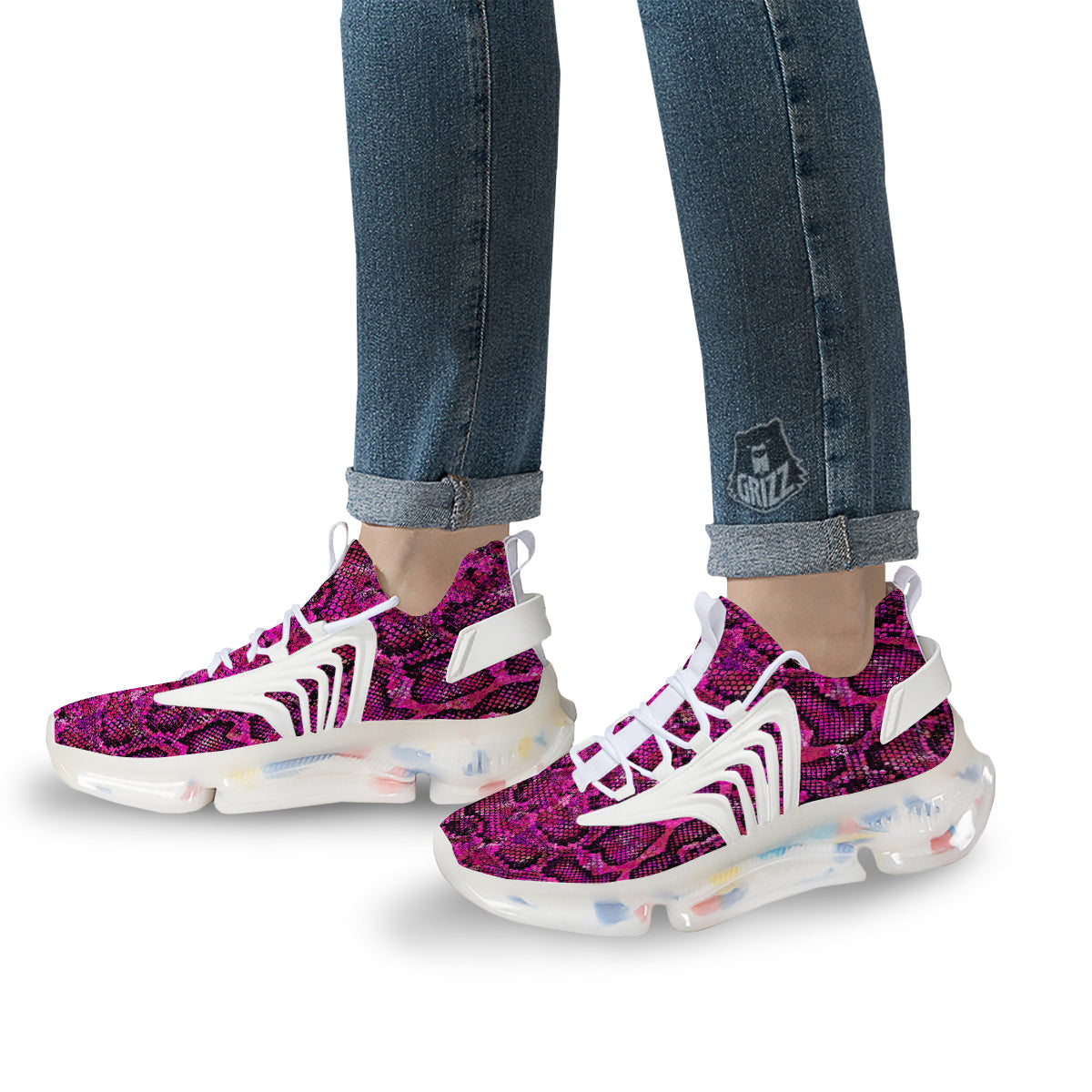 Snake Skin Black Pink Print White Gym Shoes-grizzshop