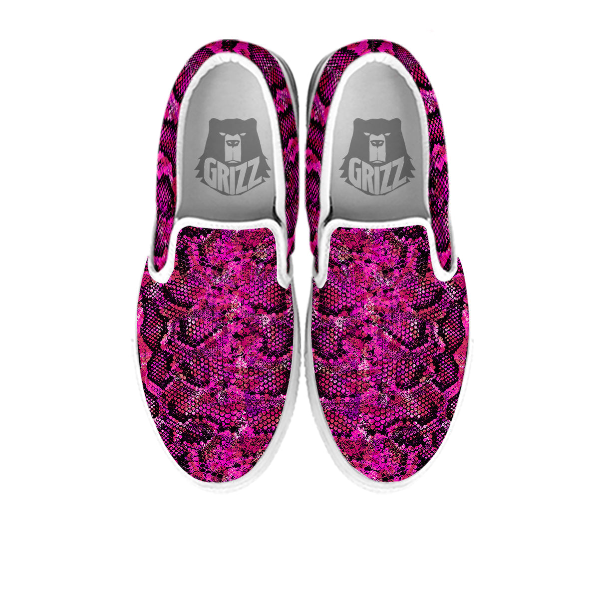 Snake Skin Black Pink Print White Slip On Shoes-grizzshop