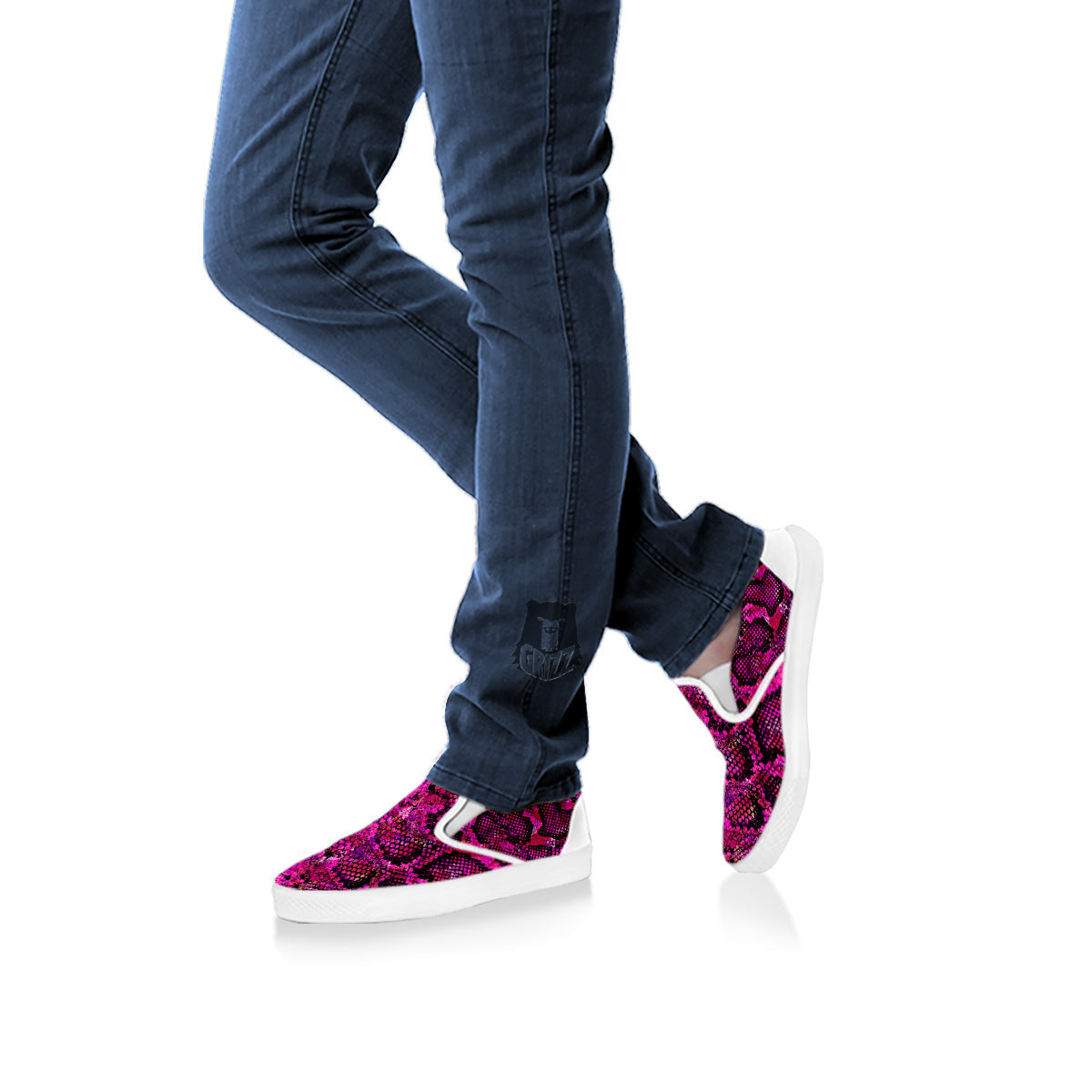 Snake Skin Black Pink Print White Slip On Shoes-grizzshop