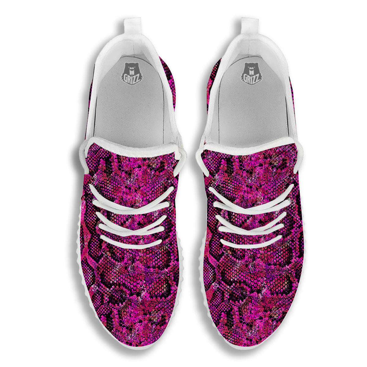 Snake Skin Black Pink Print White Walking Shoes-grizzshop