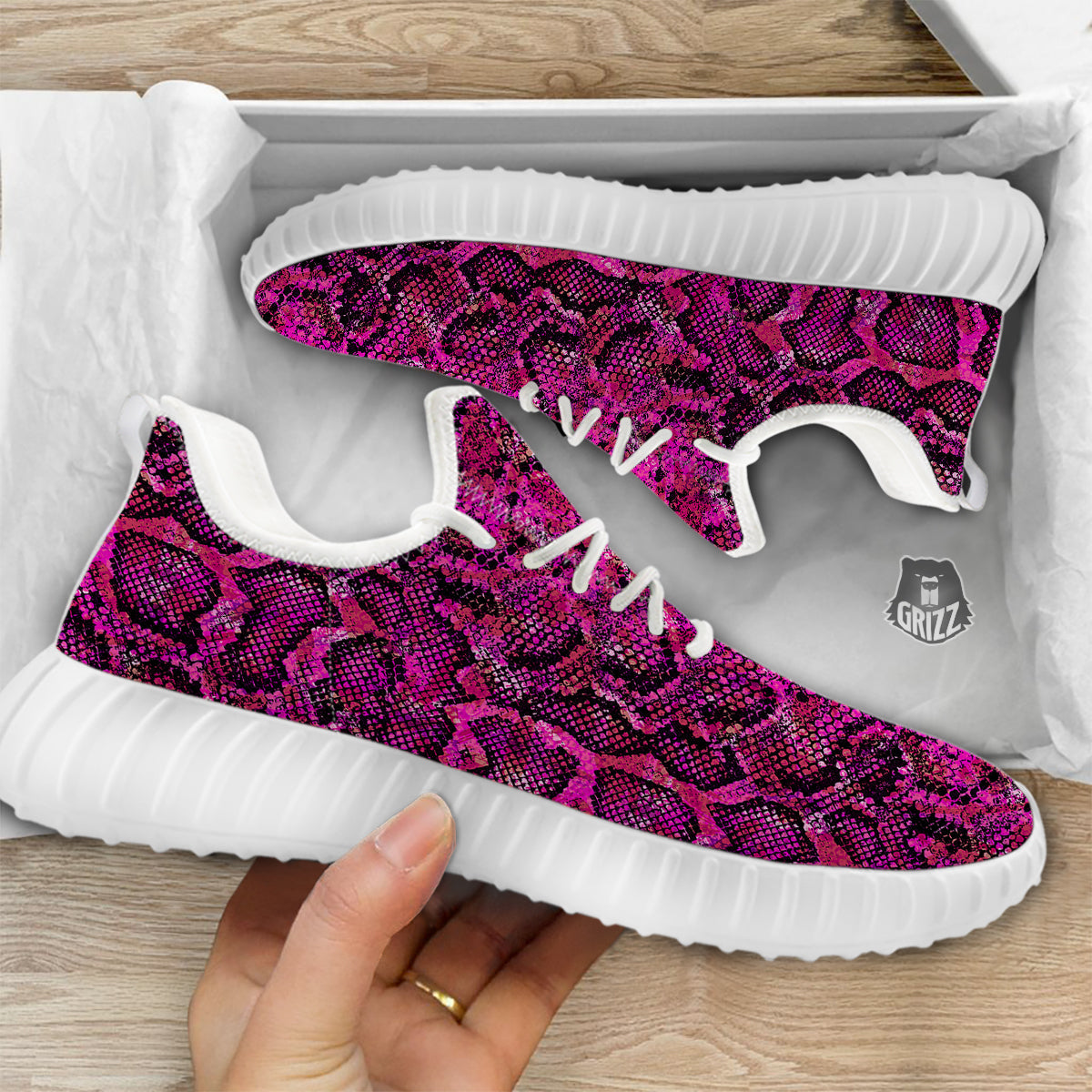 Snake Skin Black Pink Print White Walking Shoes-grizzshop