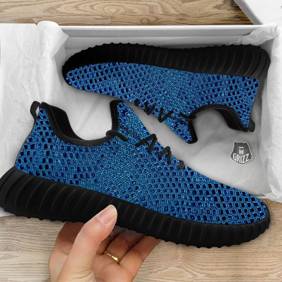 Snake Skin Blue Print Black Walking Shoes-grizzshop