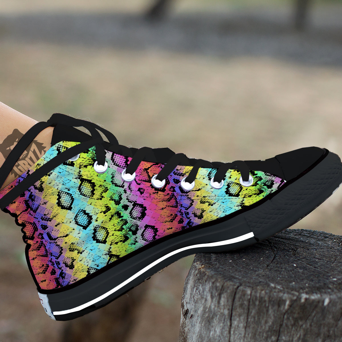 Snake Skin Psychedelic Print Black High Top Shoes-grizzshop