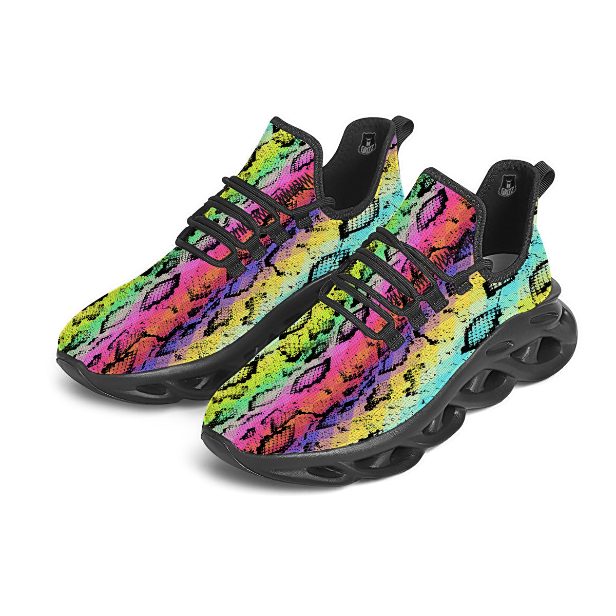 Snake Skin Psychedelic Print Black Running Shoes-grizzshop