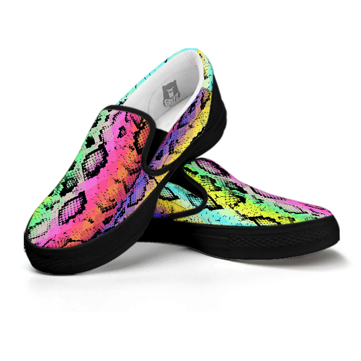 Snake Skin Psychedelic Print Black Slip On Shoes-grizzshop