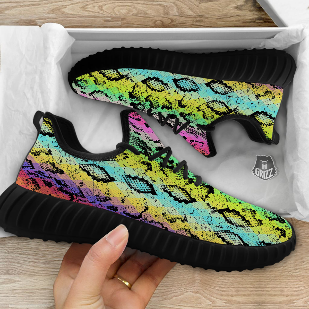 Snake Skin Psychedelic Print Black Walking Shoes-grizzshop