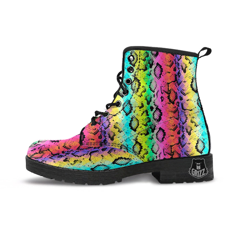 Snake Skin Psychedelic Print Leather Boots-grizzshop