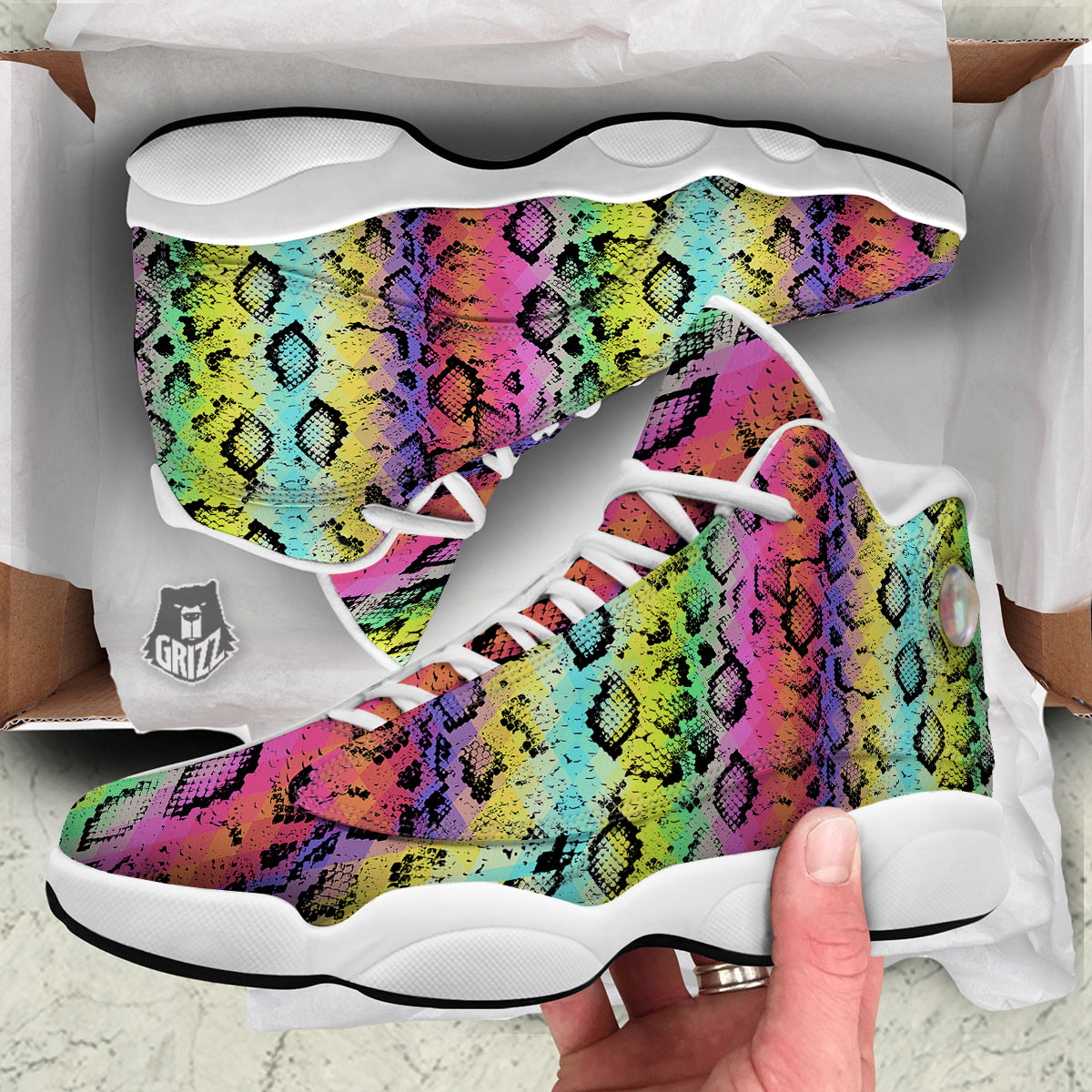Snake Skin Psychedelic Print White Basketball Shoes-grizzshop