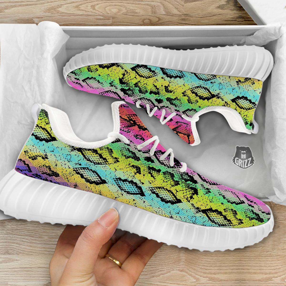 Snake Skin Psychedelic Print White Walking Shoes-grizzshop