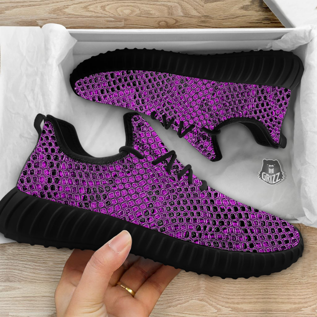 Snake Skin Purple Print Black Walking Shoes-grizzshop