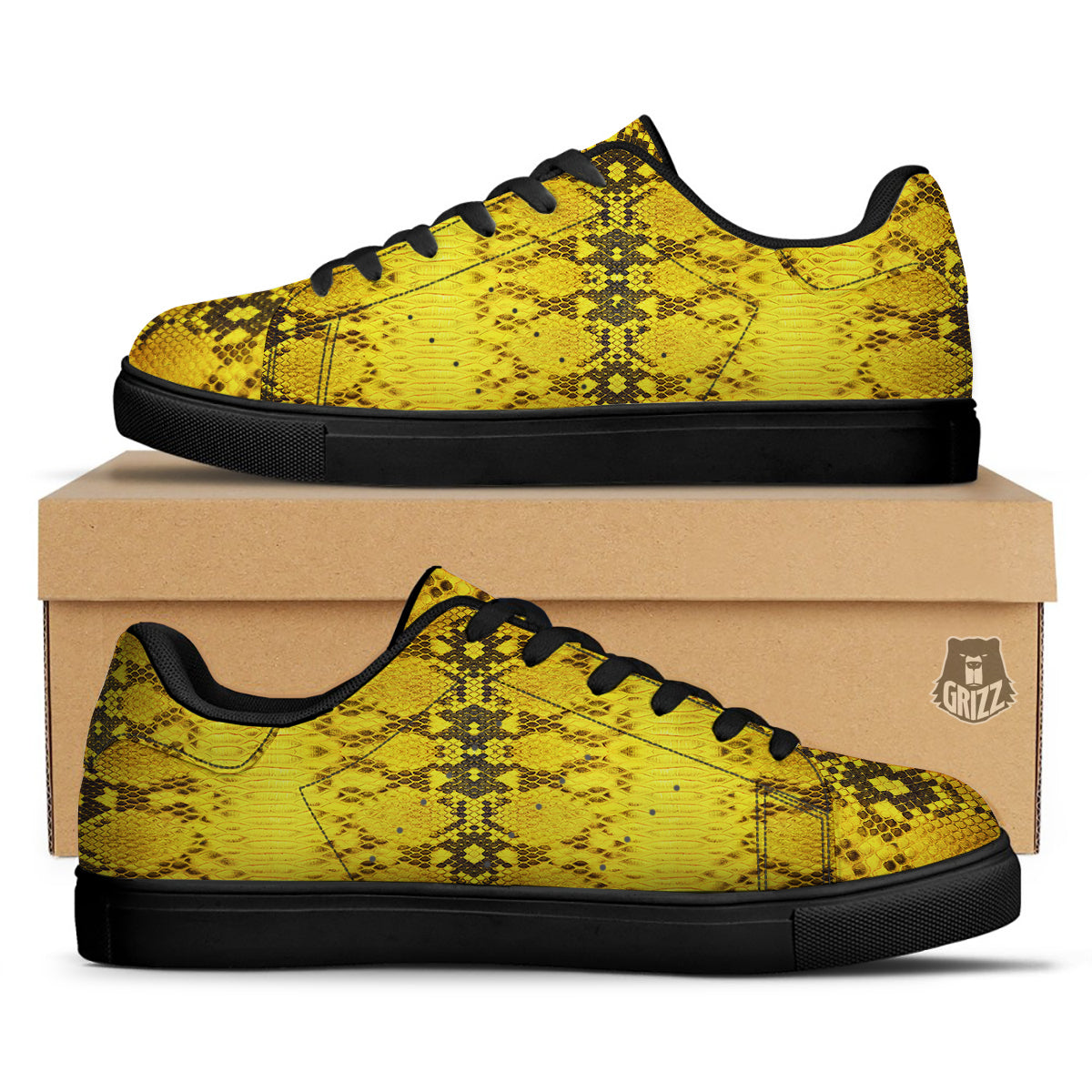 Snake Skin Yellow Print Black Low Top Sneakers-grizzshop