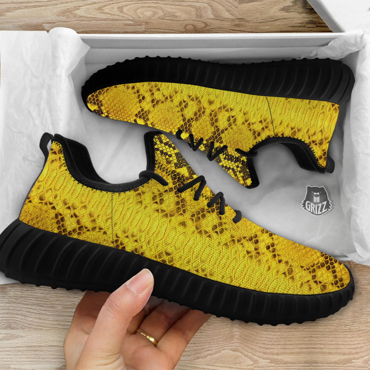 Snake Skin Yellow Print Black Walking Shoes-grizzshop