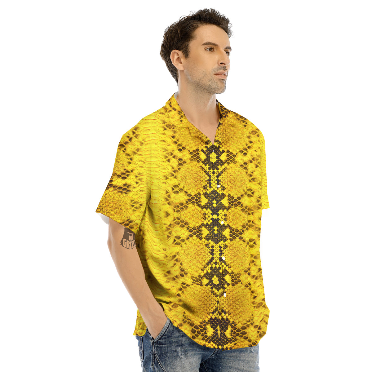Snake Skin Yellow Print Men's Hawaiian Shirt-grizzshop