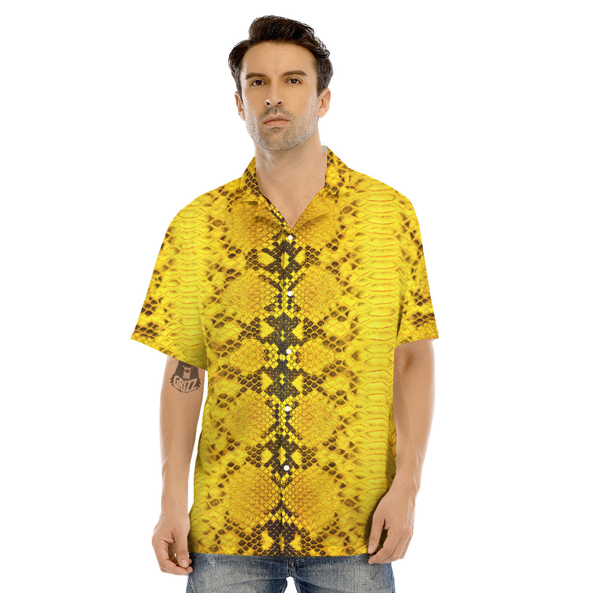 Snake Skin Yellow Print Men's Hawaiian Shirt-grizzshop