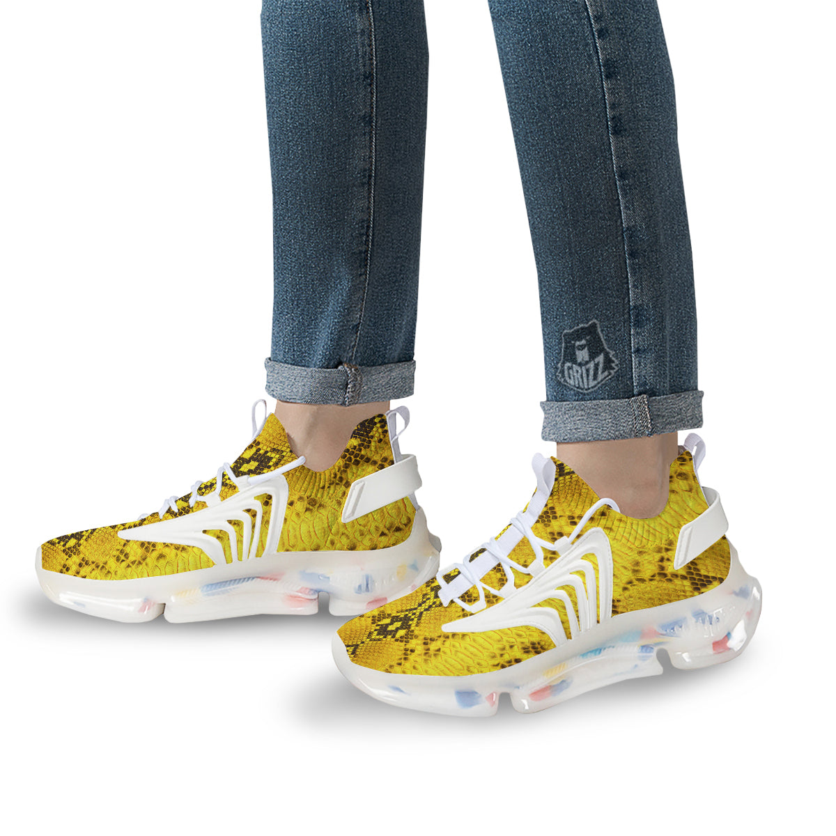 Snake Skin Yellow Print White Gym Shoes-grizzshop