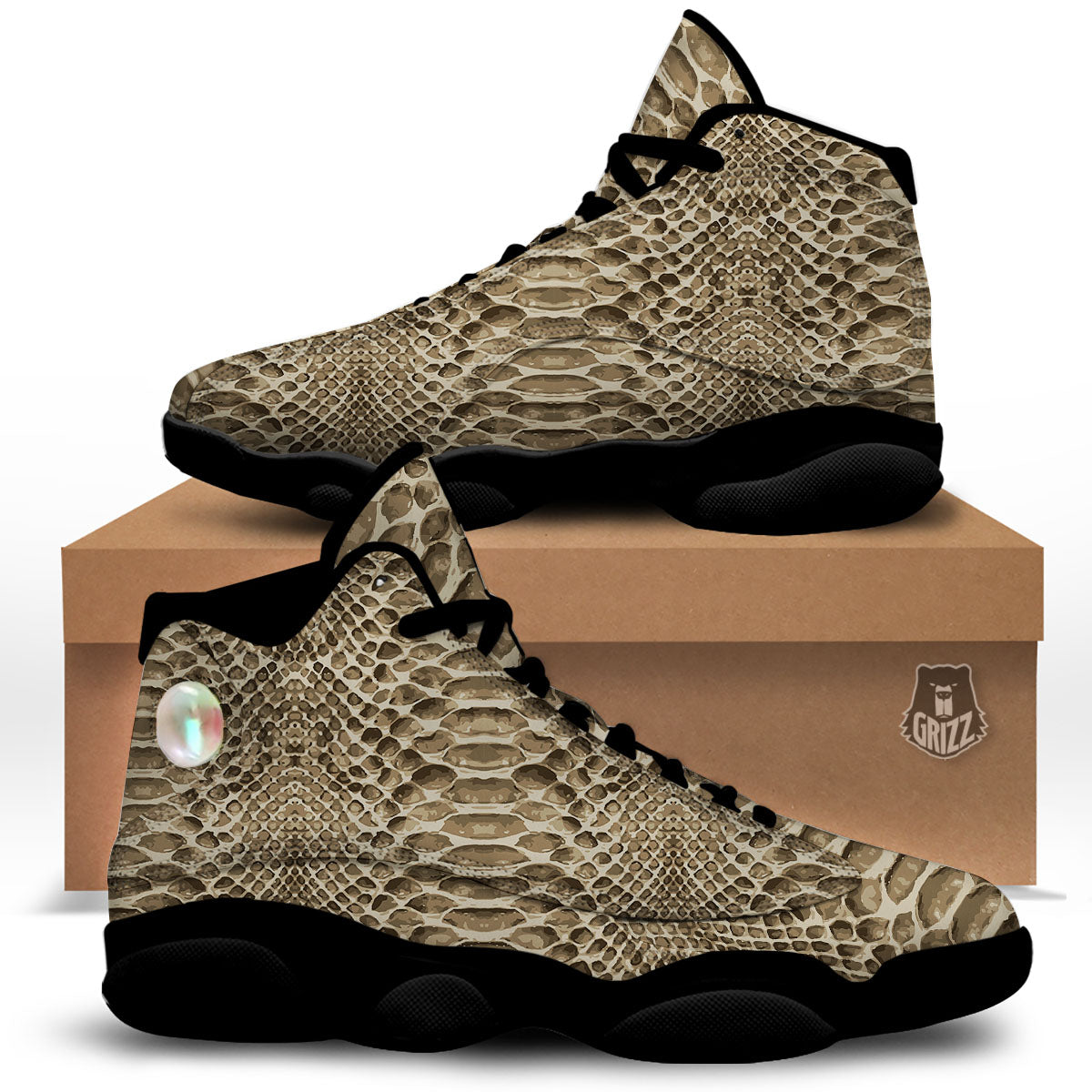 Snakeskin Beige Print Black Basketball Shoes-grizzshop