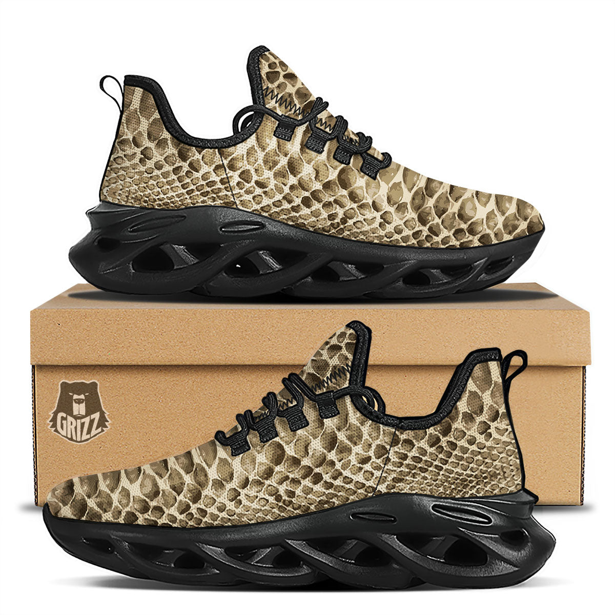 Snakeskin Beige Print Black Running Shoes-grizzshop