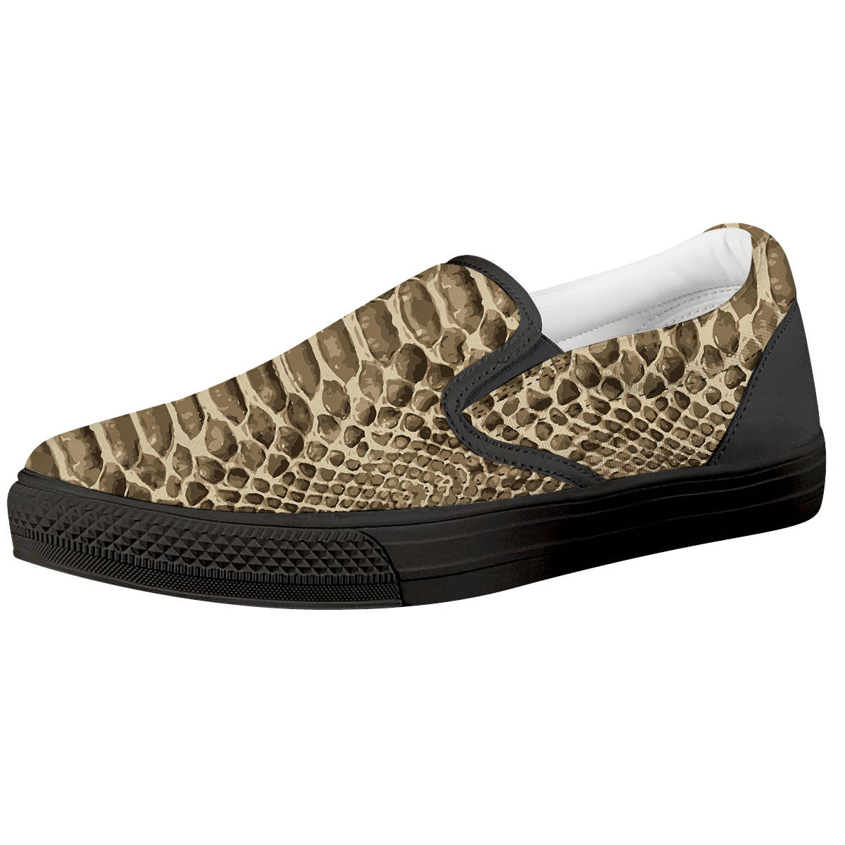 Snakeskin Beige Print Black Slip On Shoes-grizzshop