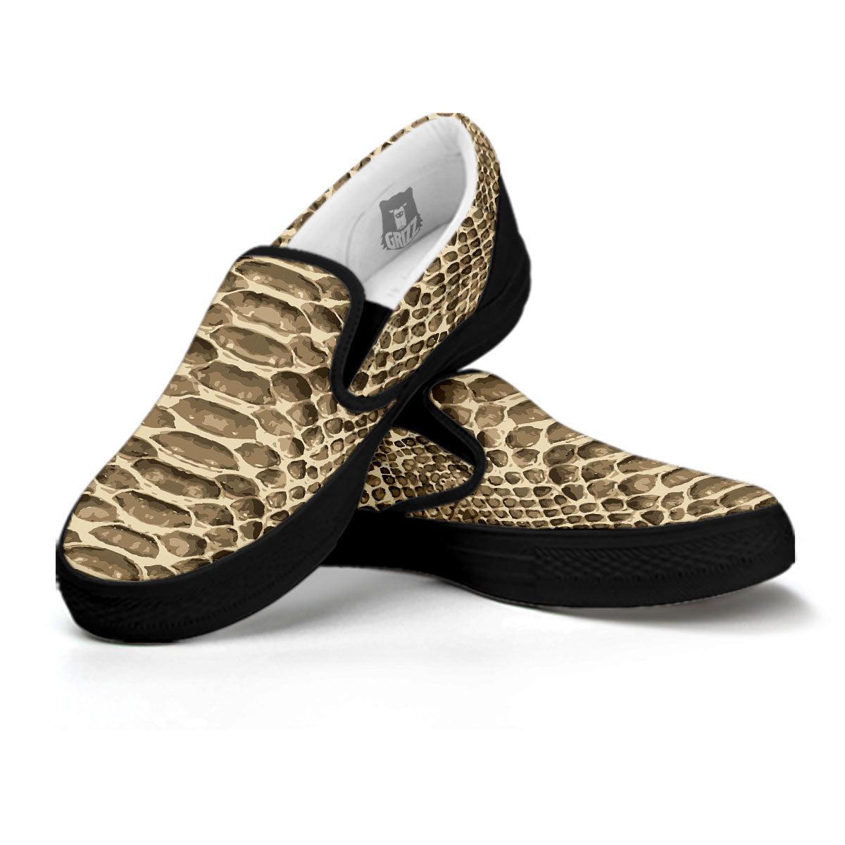 Snakeskin Beige Print Black Slip On Shoes-grizzshop