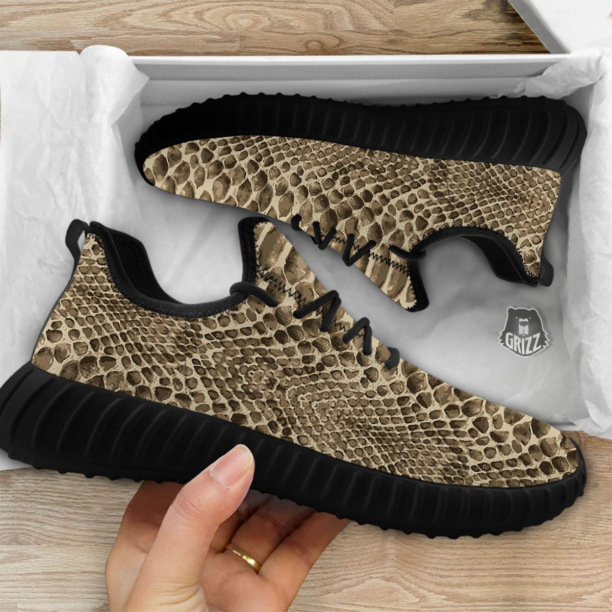 Snakeskin Beige Print Black Walking Shoes-grizzshop