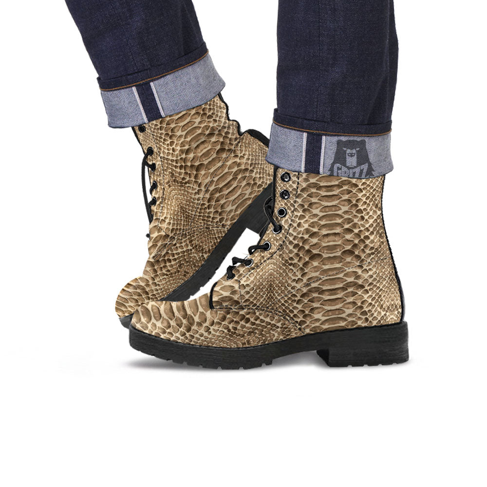 Snakeskin Beige Print Leather Boots-grizzshop