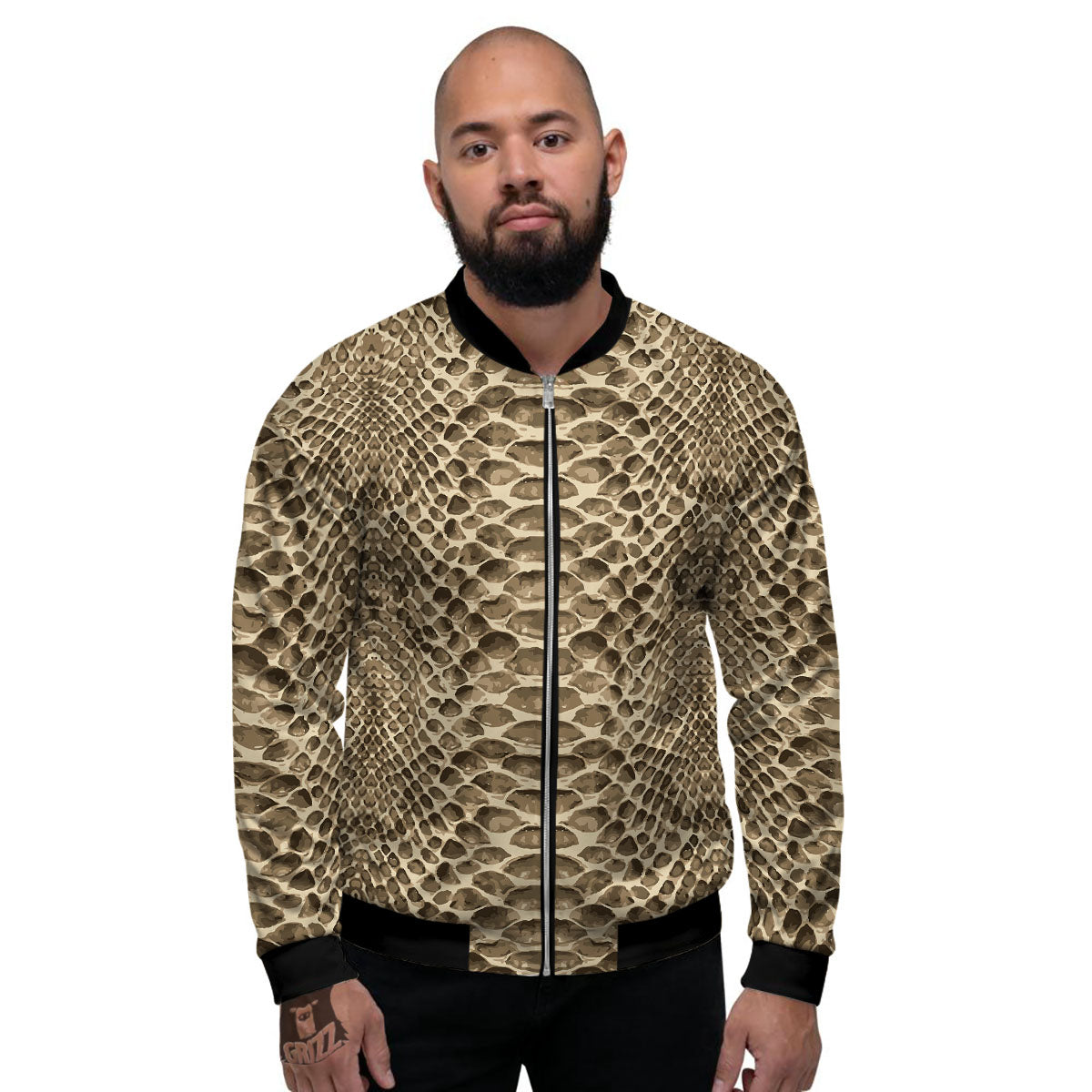 Snakeskin Beige Print Men's Bomber Jacket-grizzshop