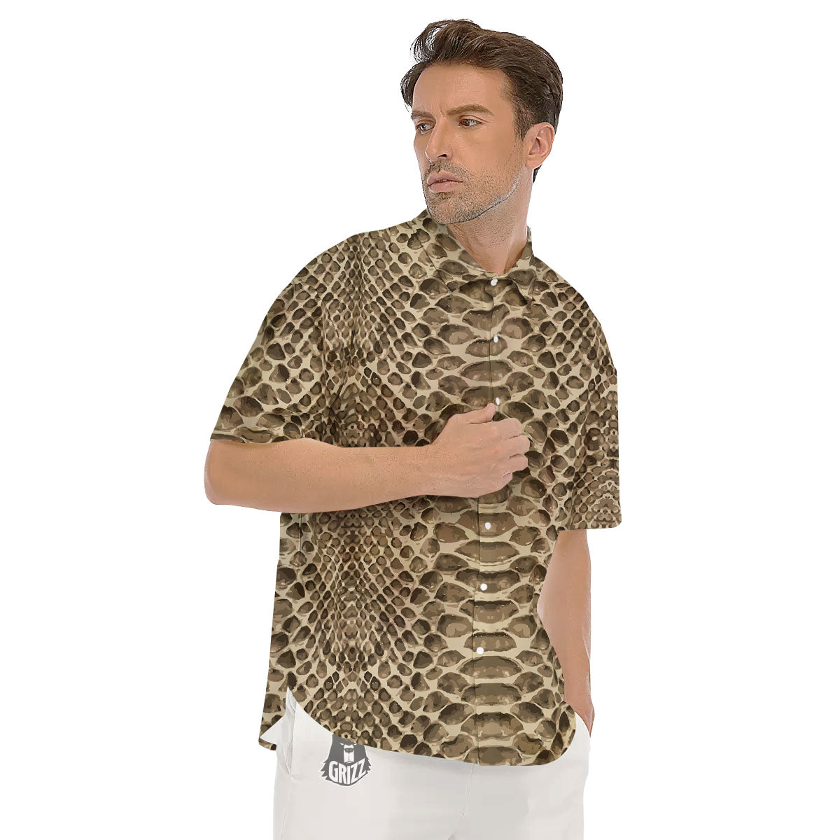 Snakeskin Beige Print Men's Short Sleeve Shirts-grizzshop