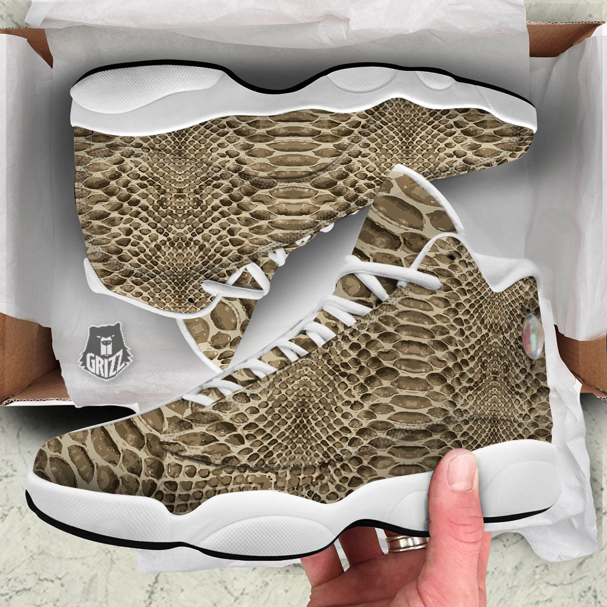 Snakeskin Beige Print White Basketball Shoes-grizzshop