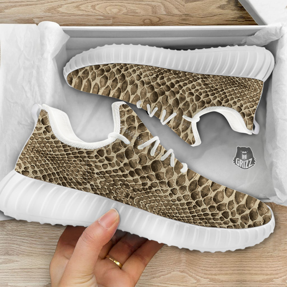 Snakeskin Beige Print White Walking Shoes-grizzshop