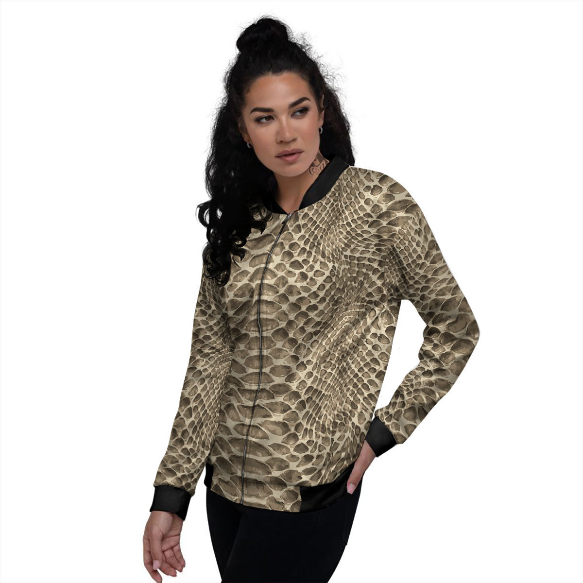 Snakeskin Beige Print Women's Bomber Jacket-grizzshop