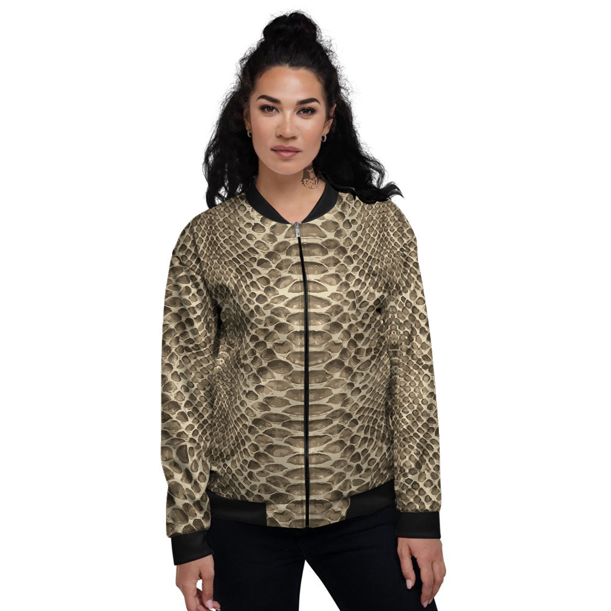 Snakeskin Beige Print Women's Bomber Jacket-grizzshop