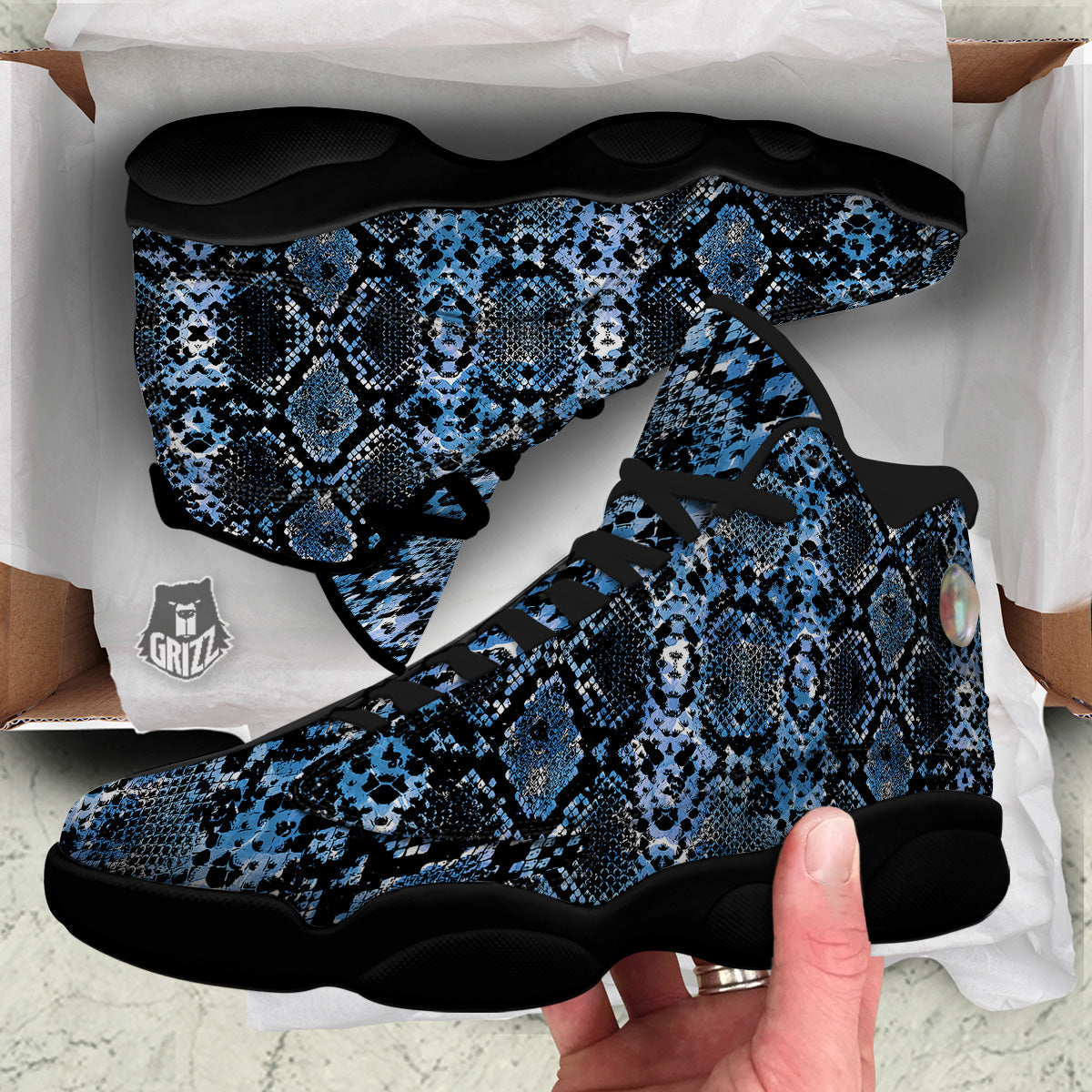 Snakeskin Black And Blue Print Black Basketball Shoes-grizzshop