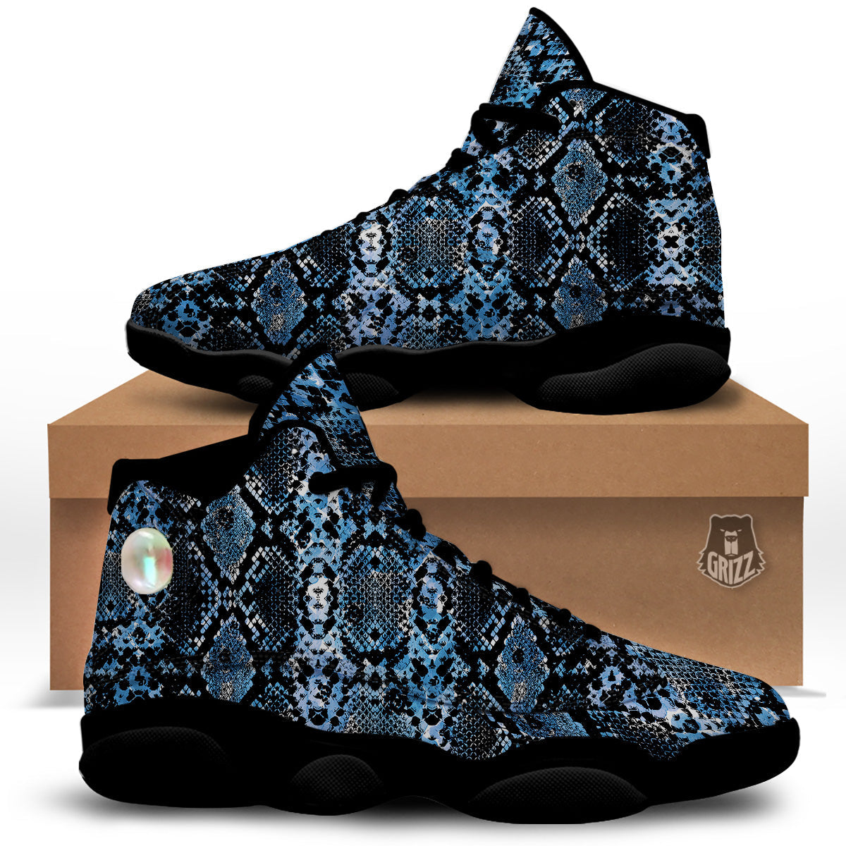 Snakeskin Black And Blue Print Black Basketball Shoes-grizzshop