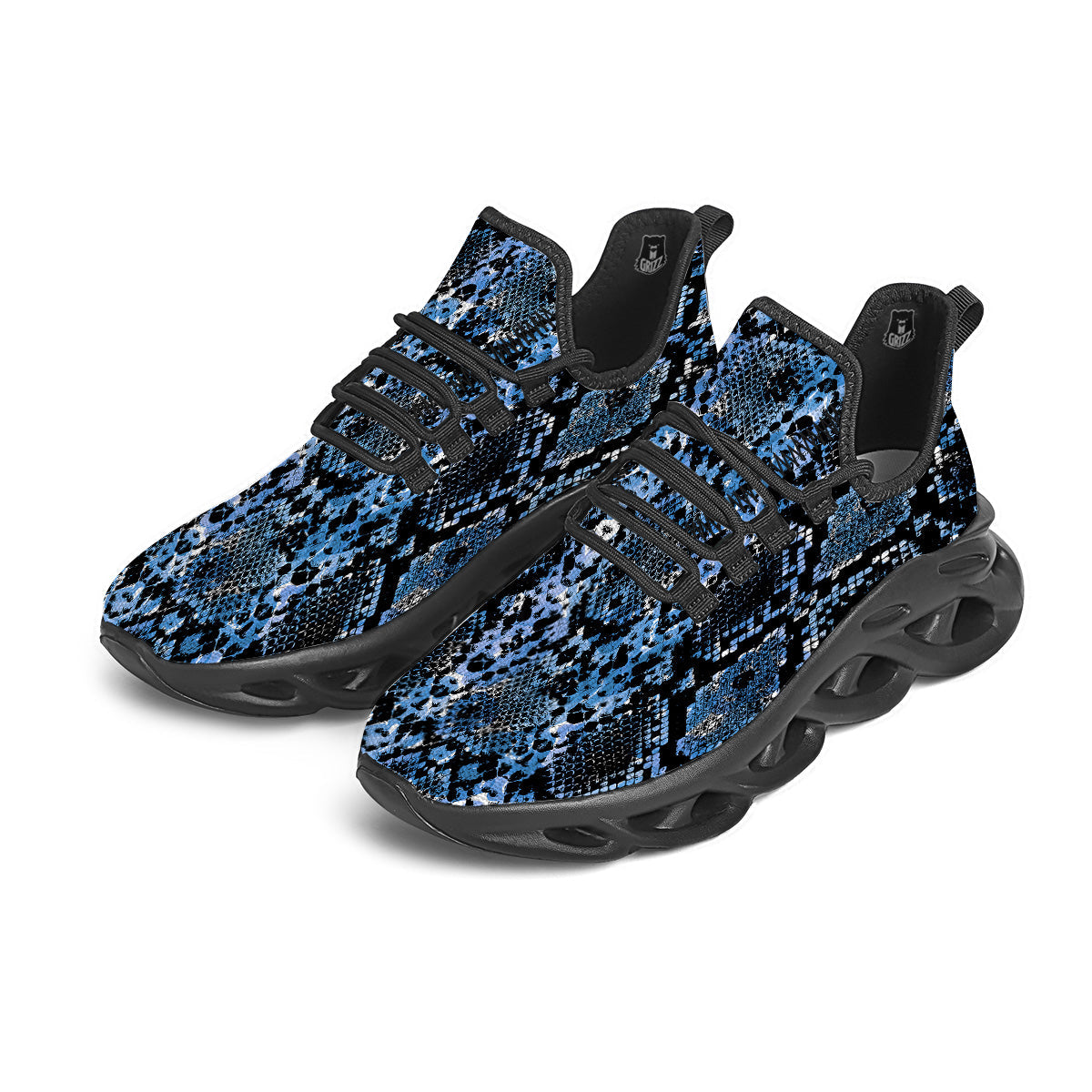 Snakeskin Black And Blue Print Black Running Shoes-grizzshop