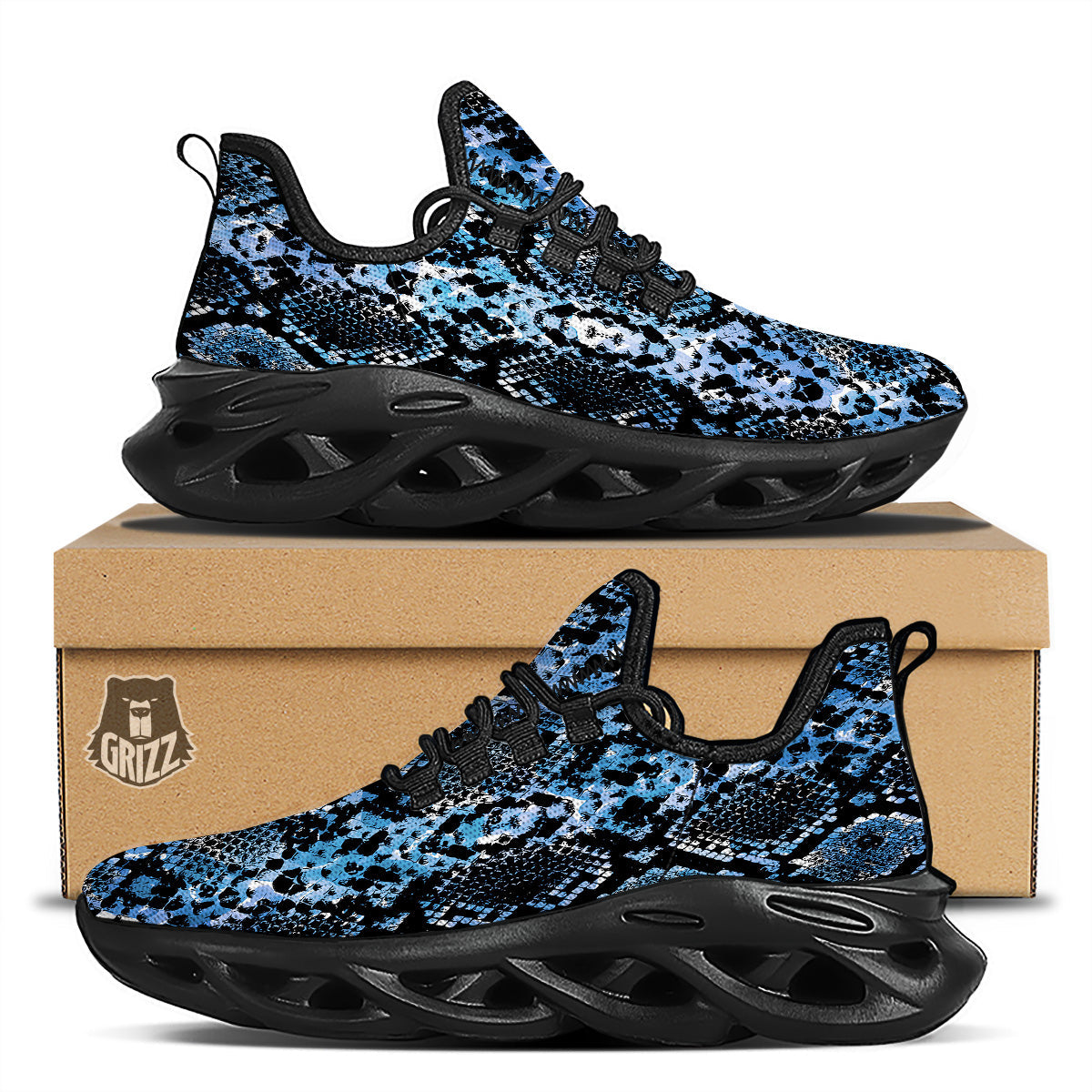 Snakeskin Black And Blue Print Black Running Shoes-grizzshop