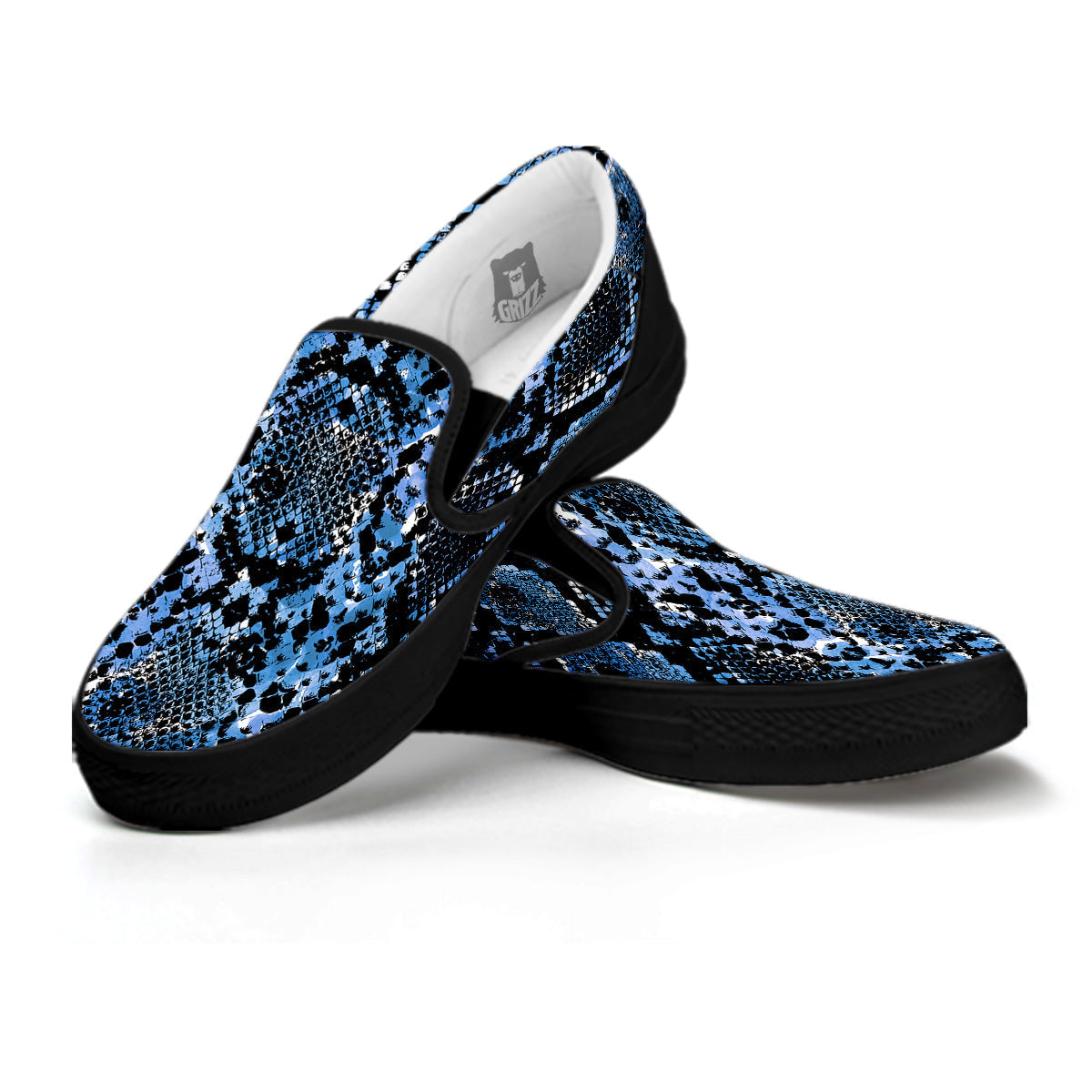 Snakeskin Black And Blue Print Black Slip On Shoes-grizzshop