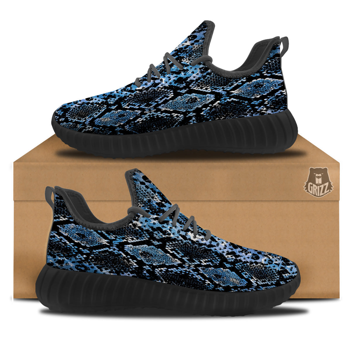 Snakeskin Black And Blue Print Black Walking Shoes-grizzshop