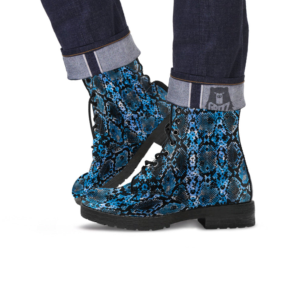 Snakeskin Black And Blue Print Leather Boots-grizzshop