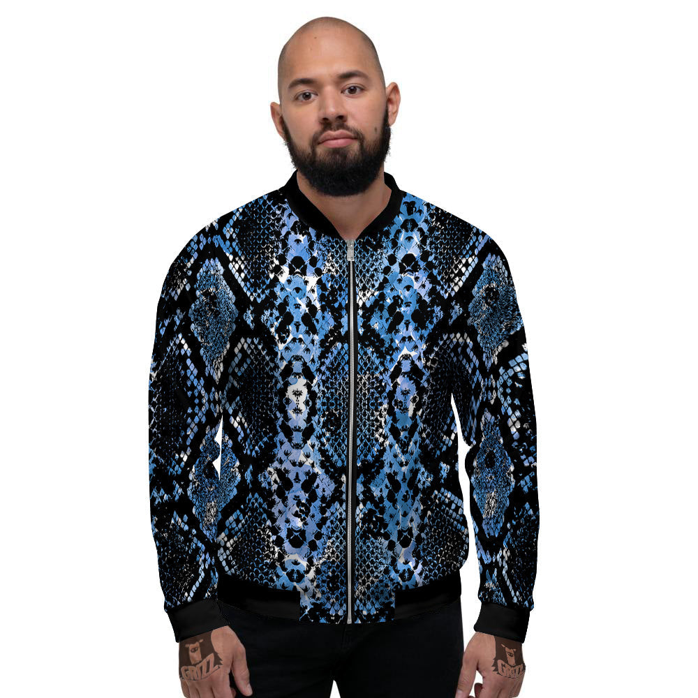 Snakeskin Black And Blue Print Men's Bomber Jacket-grizzshop
