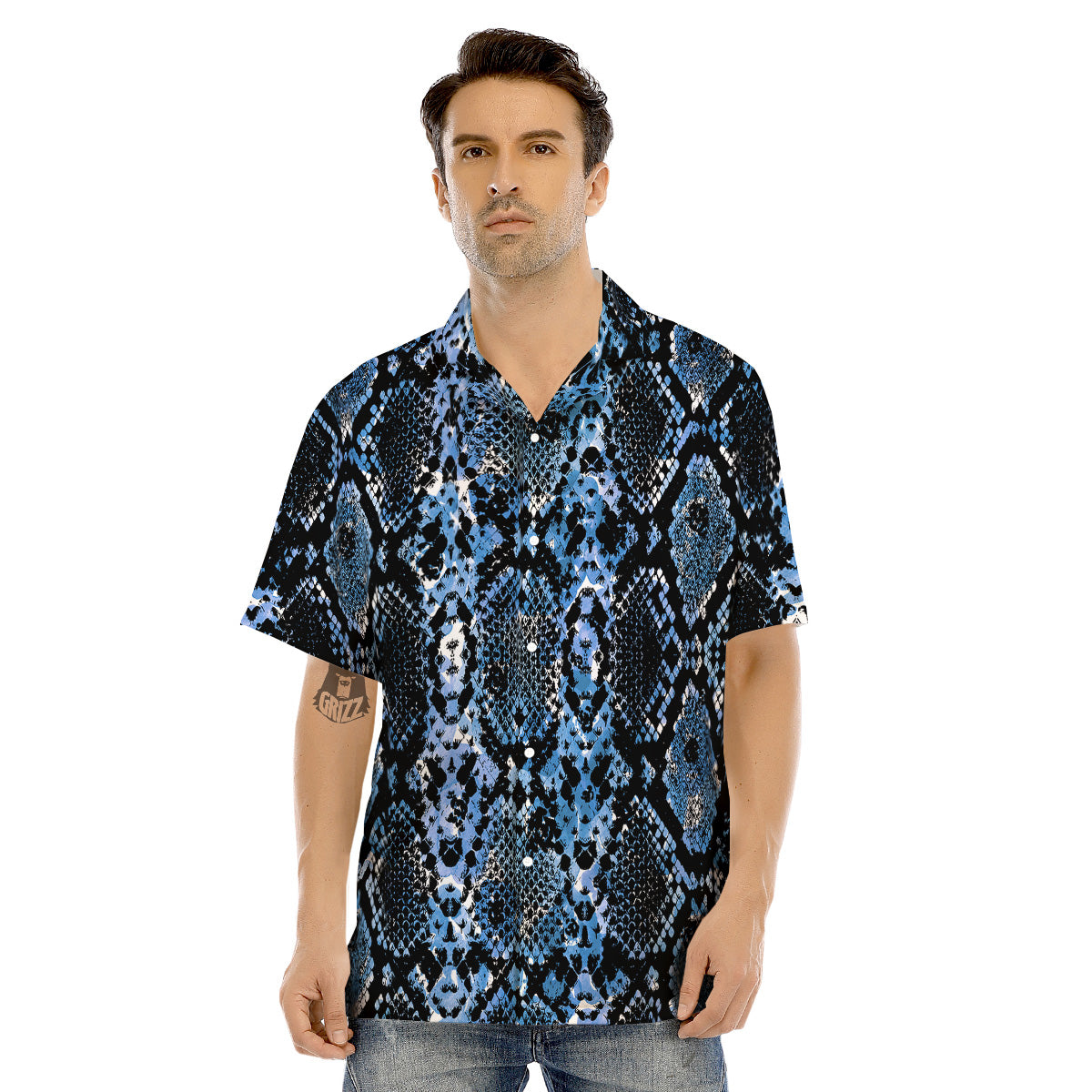 Snakeskin Black And Blue Print Men's Hawaiian Shirt-grizzshop
