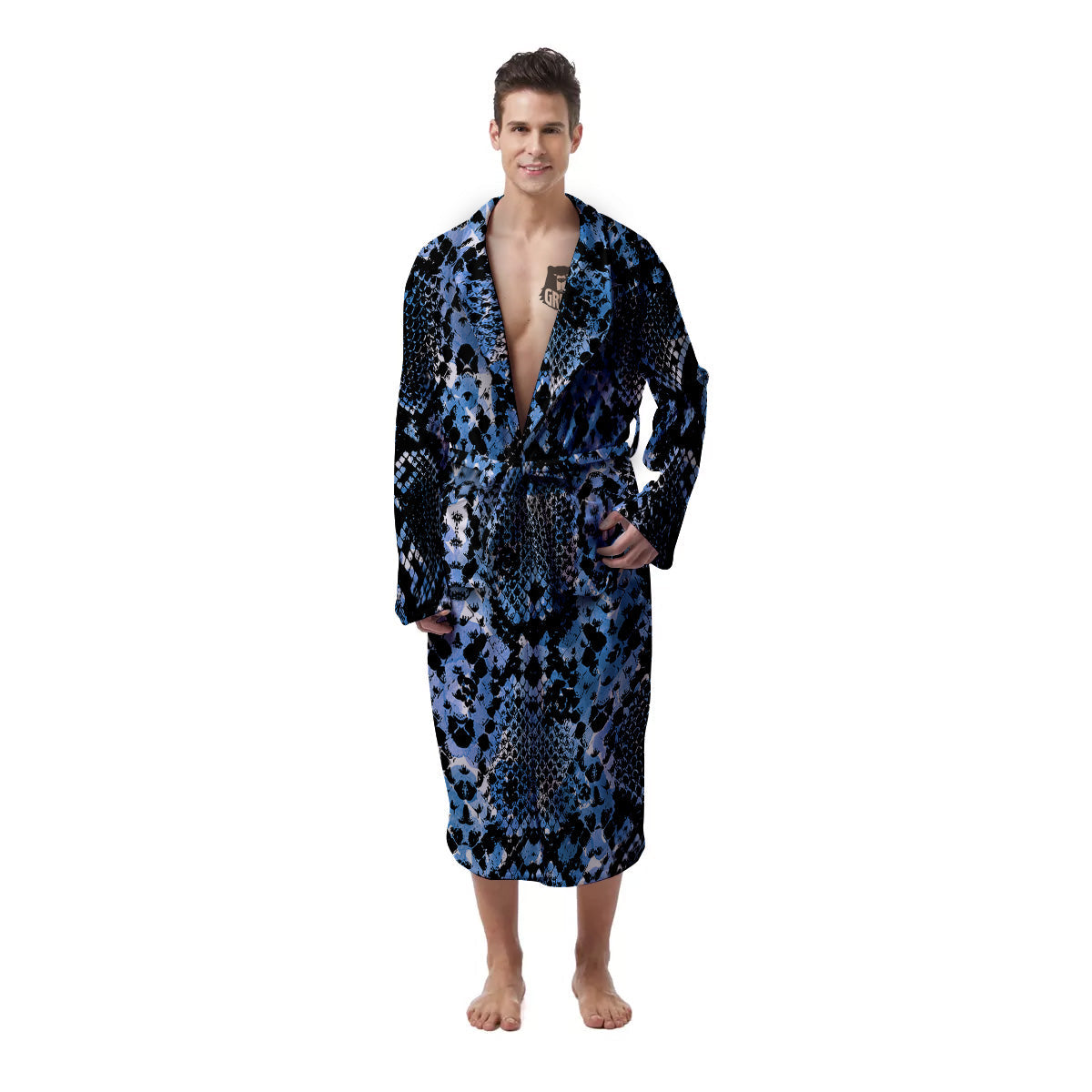 Snakeskin Black And Blue Print Men's Robe-grizzshop