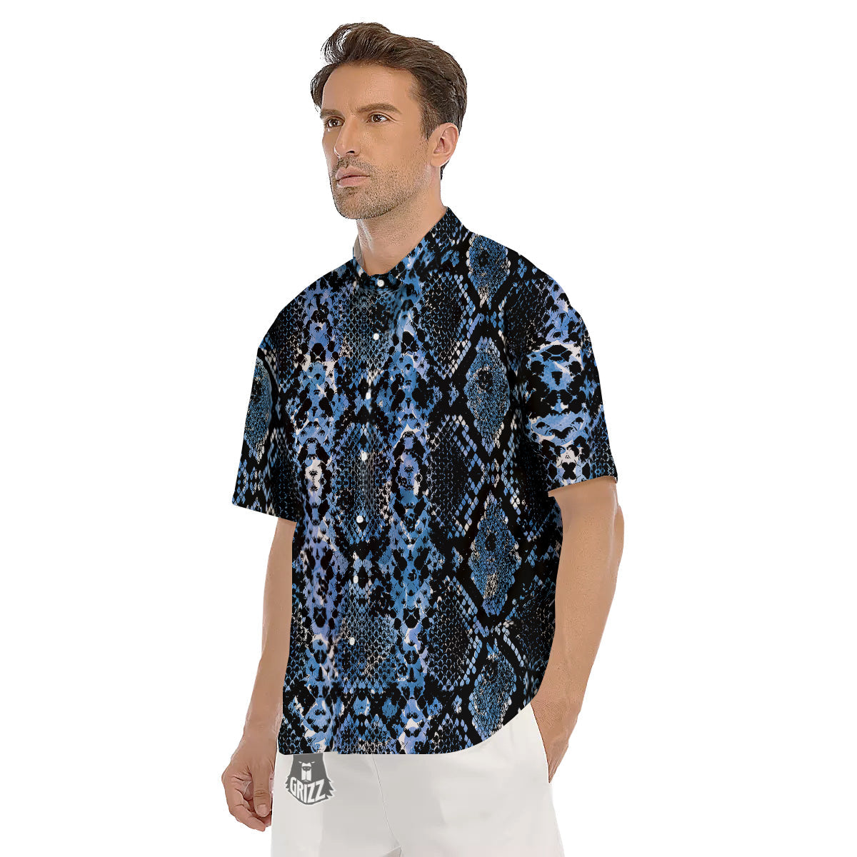 Snakeskin Black And Blue Print Men's Short Sleeve Shirts-grizzshop