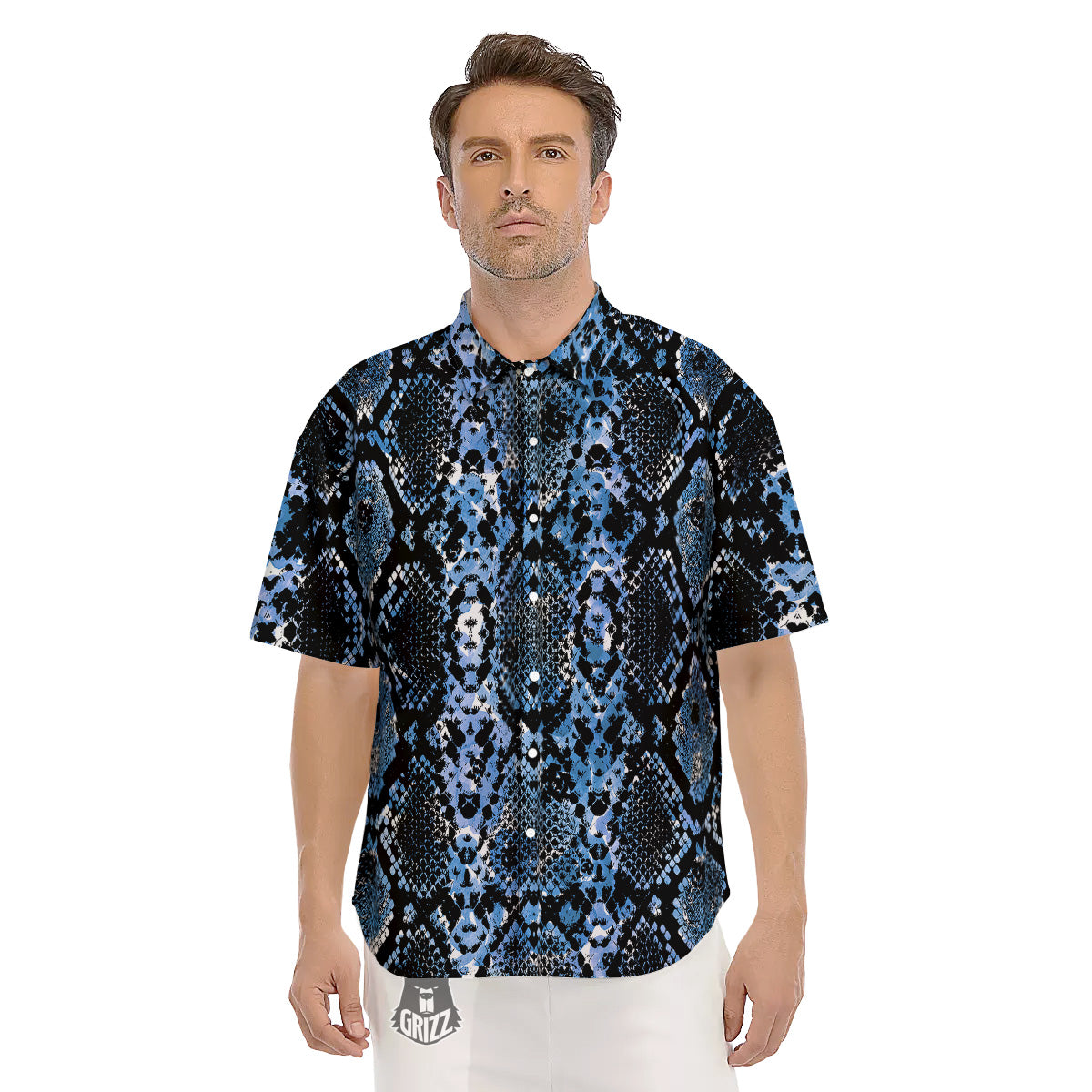 Snakeskin Black And Blue Print Men's Short Sleeve Shirts-grizzshop