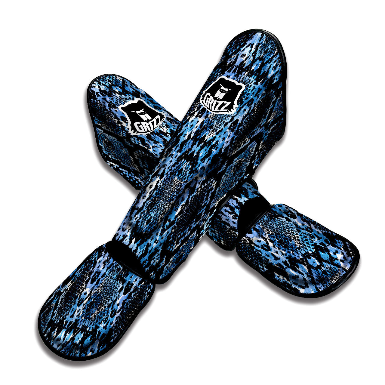Snakeskin Black And Blue Print Muay Thai Shin Guards-grizzshop