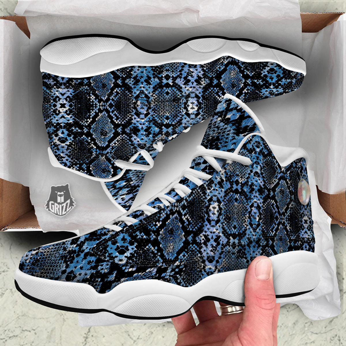 Snakeskin Black And Blue Print White Basketball Shoes-grizzshop