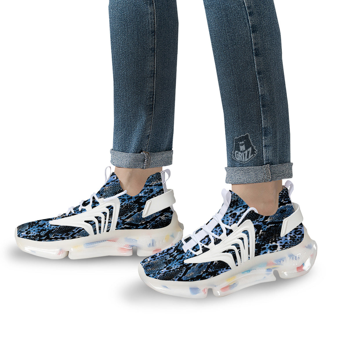 Snakeskin Black And Blue Print White Gym Shoes-grizzshop