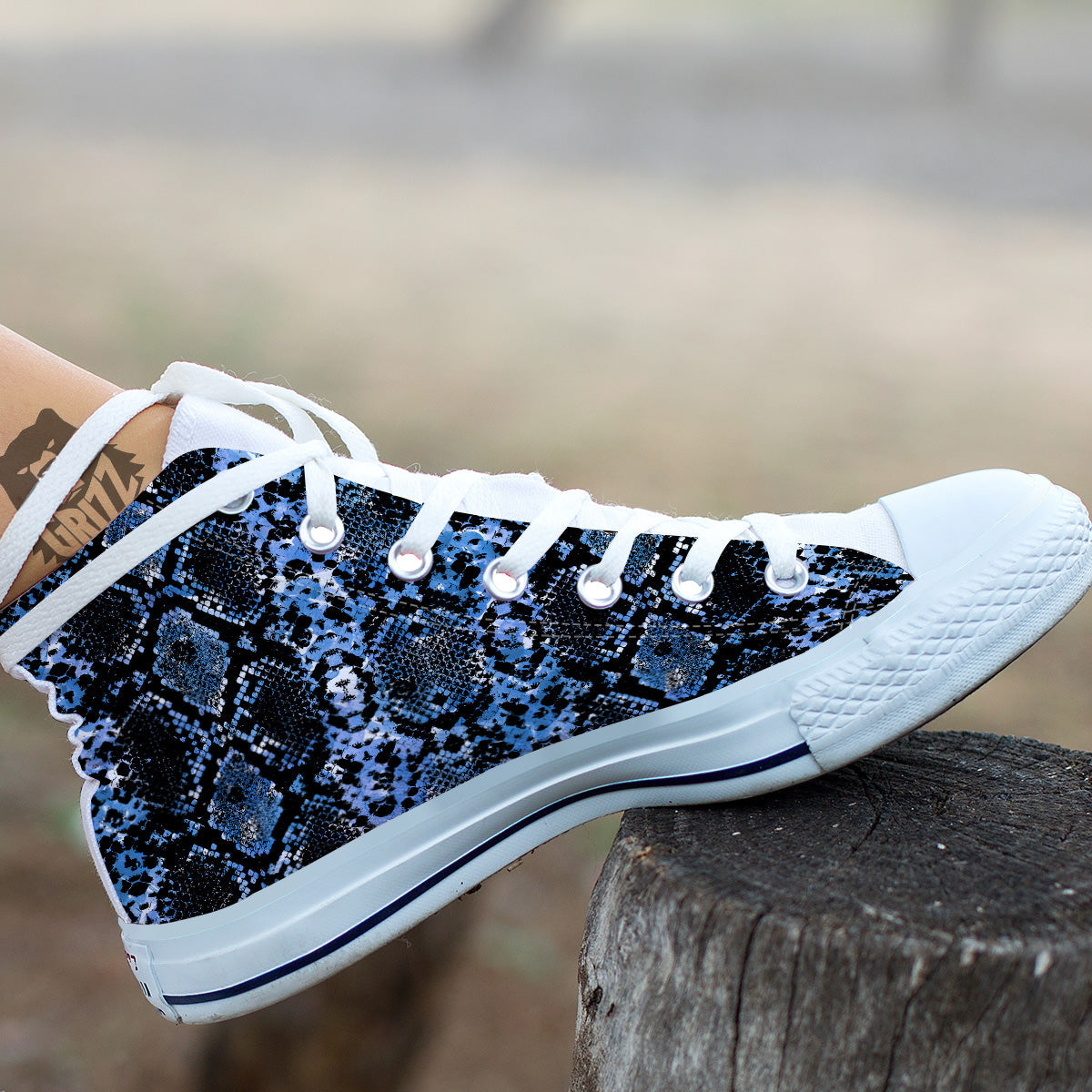 Snakeskin Black And Blue Print White High Top Shoes-grizzshop